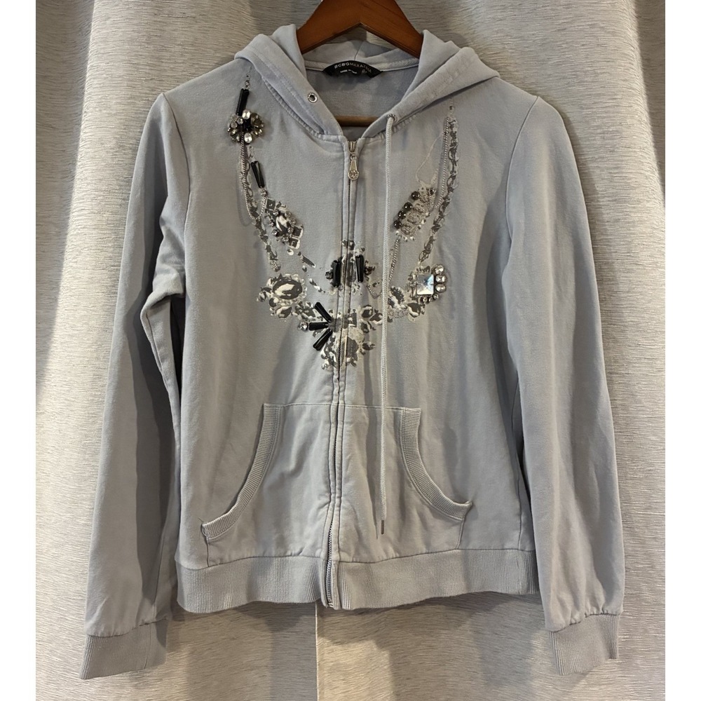 BCBG Max Azaria Size L Blue Velour Track Jacket Zip Sweatshirt Hoodie Bling